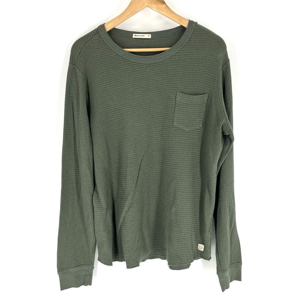 Marine Layer Shirt Size Medium Mens Green Thermal Waffle Knit Pocket Crew Neck